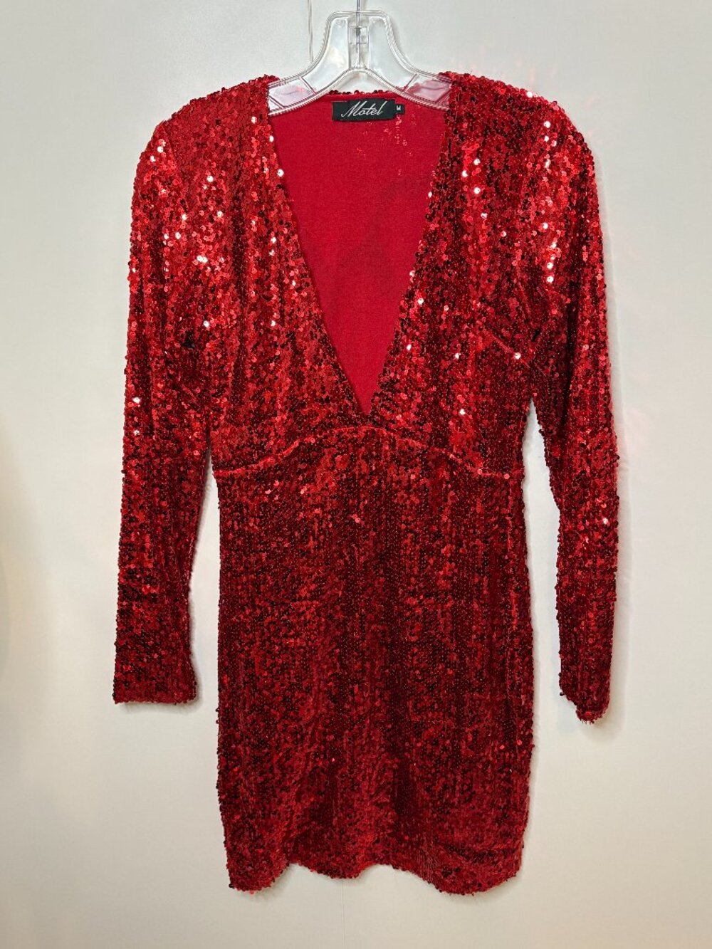 Motel Red Sequin Mini Dress with Deep V-Neck. Size M